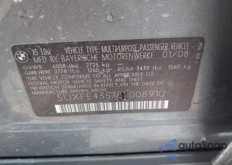 2008 BMW X5 3.0Si z USA, uszkodzony, nr VIN 5UXFE43578L008910